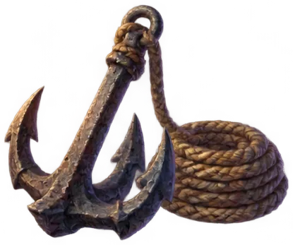 Rope Anchor: jangkar besi berat dengan tali tergulung.