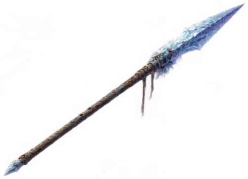 Ice Lance: tombak es biru putih terikat ke gagang kayu.